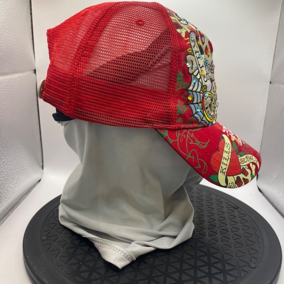 Red Ed Hardy Hat With Rhinestones - Picture 2 of 7